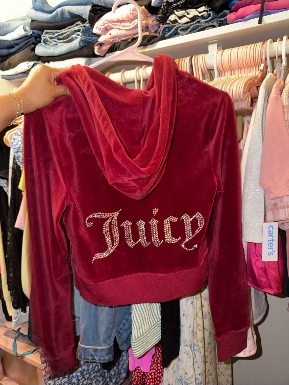Juicy Couture Burgundy Velour Rhinestone Logo Track Jacket